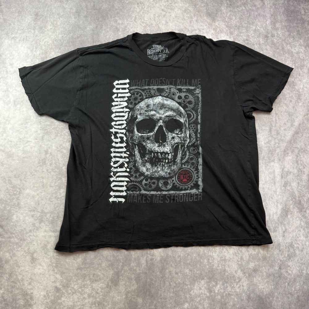 Red Chapter Mens Skull Graphic T-Shirt Black XL Ambigram Distressed Biker Tee
